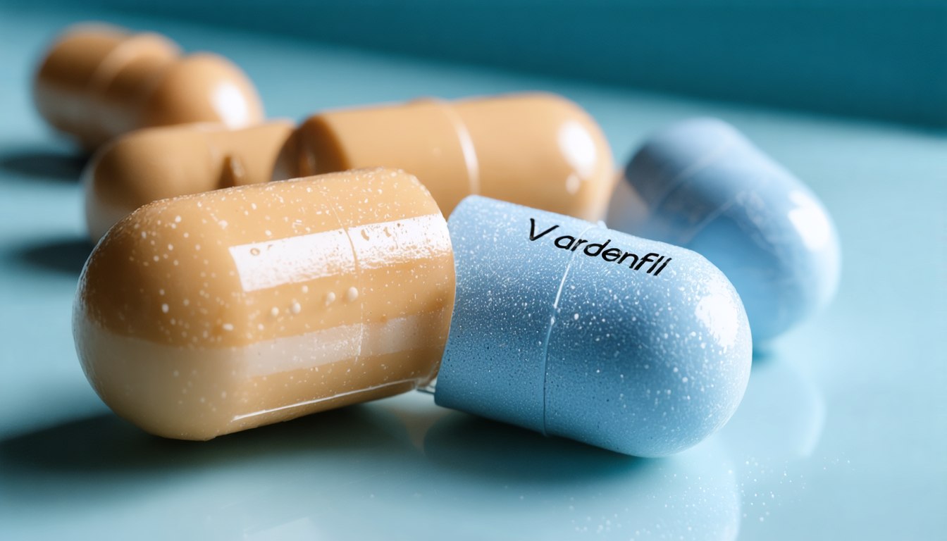 Vardenafil tablets on a light background with a glass of water, symbolizing treatment for erectile dysfunction