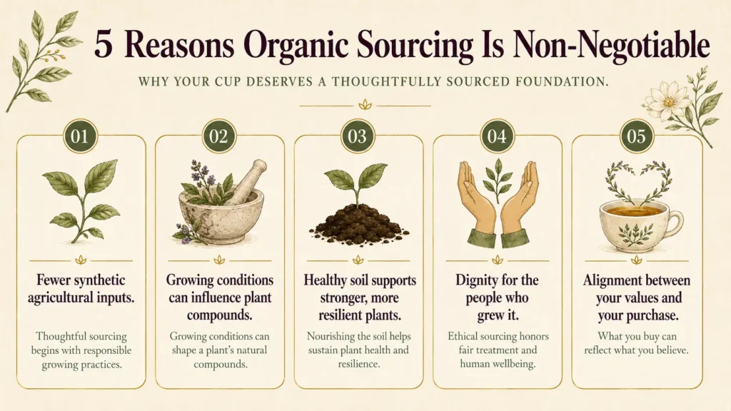 Why Sustainable Sourcing and Organic Ingredients Are Non-Negotiable at LMH Custom Teas & Herbs 2 An illustrated infographic titled '5 Reasons Organic Sourcing Is Non-Negotiable' detailing benefits like fewer inputs, better compounds, healthy soil, dignity for growers, and alignment with values, presented in five numbered cards.