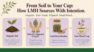 An infographic titled 'From Soil to Your Cup' illustrating four stages of LMH's intentional sourcing: Organic Soil, Ethically Supported Growers, Small-Batch Blending, and Your Ritual Cup, each with a detailed illustration, title, and description.