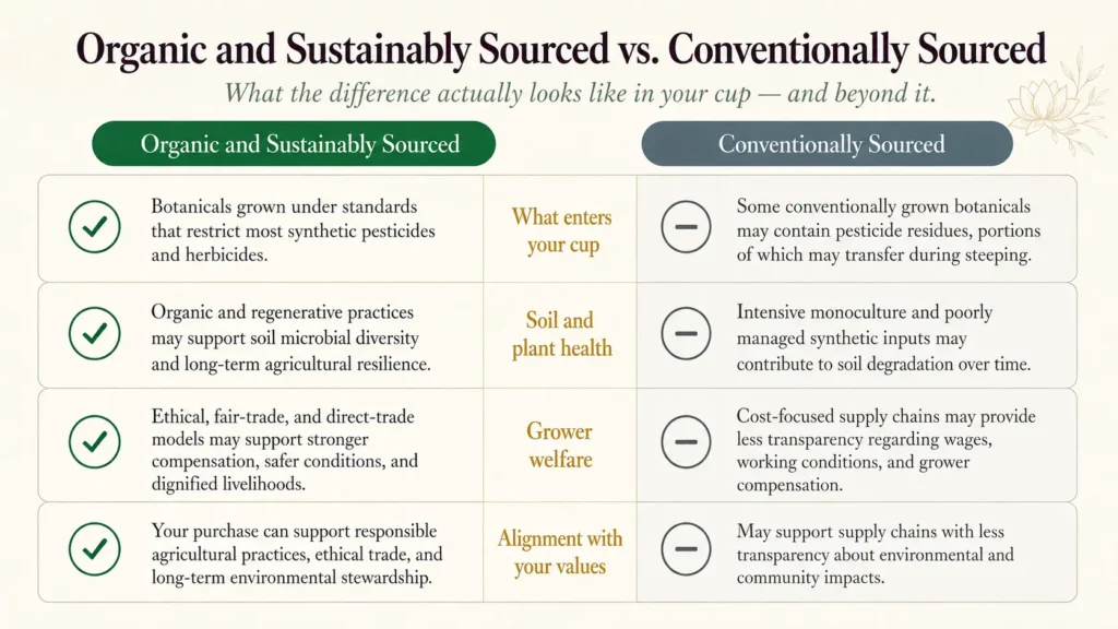 Why Sustainable Sourcing and Organic Ingredients Are Non-Negotiable at LMH Custom Teas & Herbs 1 A comparison chart titled 'Organic and Sustainably Sourced vs. Conventionally Sourced' detailing the differences in botanicals, soil health, grower welfare, and value alignment, with checkmarks for organic and minus signs for conventional.