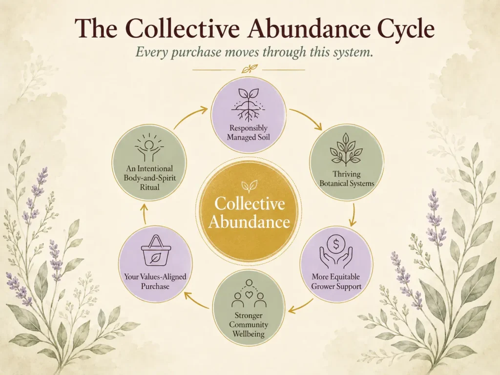 Why Sustainable Sourcing and Organic Ingredients Are Non-Negotiable at LMH Custom Teas & Herbs 4 Infographic illustrating the Sustainable Herbal Tea Sourcing cycle, from responsibly managed soil to community wellbeing.